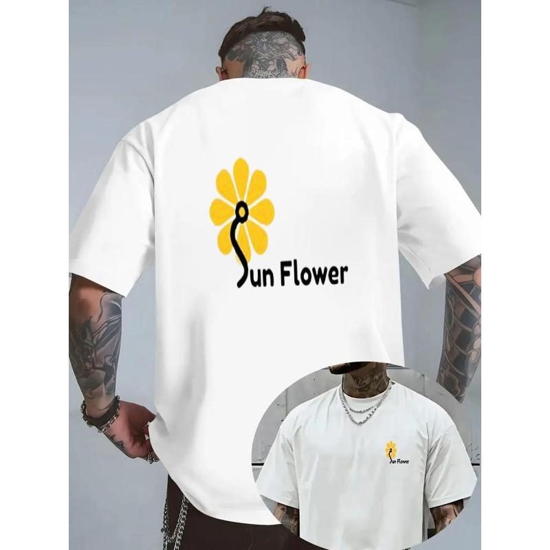 

White T-Shirt Featuring a Sunflower Design on The Back, with Yellow Flowers And a Black Stem. The Letter S in Sun Is Designed to Resemble a Stem S белый
