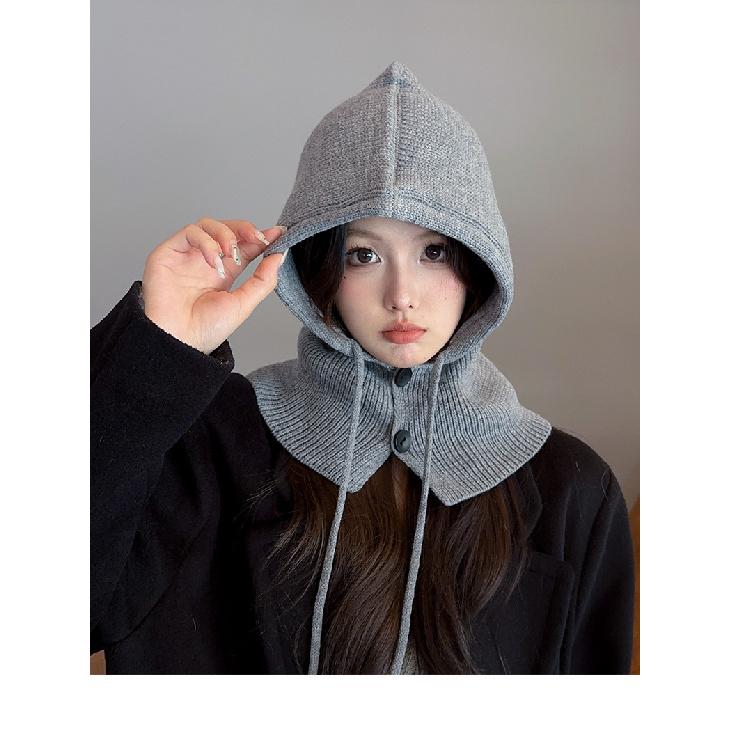 Korean balaclava hat for women, winter warm hat with integrated neck warmer, couple's style, ear protection, knitted wool hat