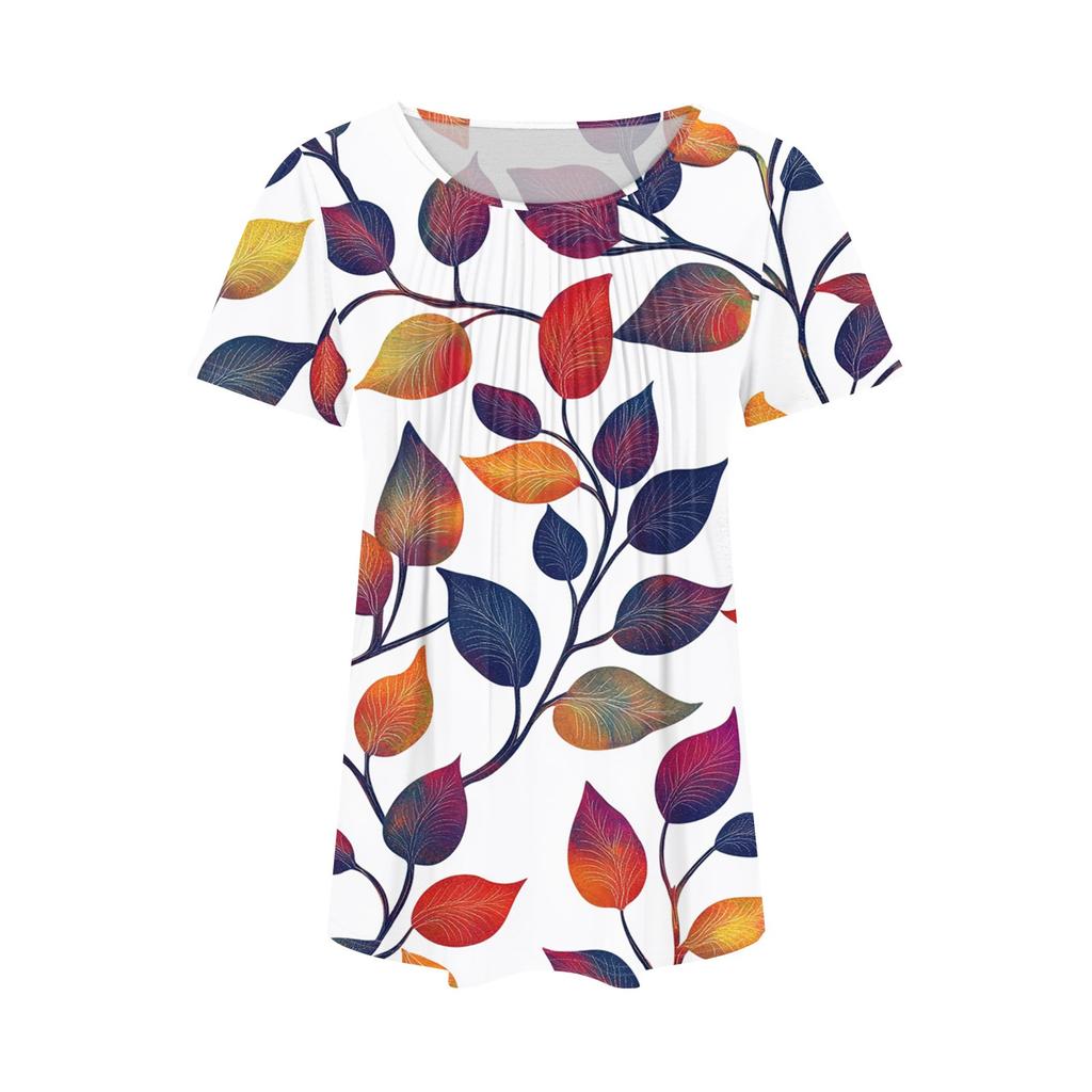 Women's Fashionable Casual Pleated Round Neck Striped Flower Printed Short Sleeved T Shirt Top
