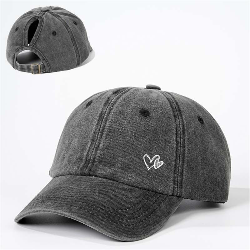 Adjustable Ponytail Baseball Cap with Double Heart Accent, Sun Hat for Daily Wear, Walks, and Casual Travel Time