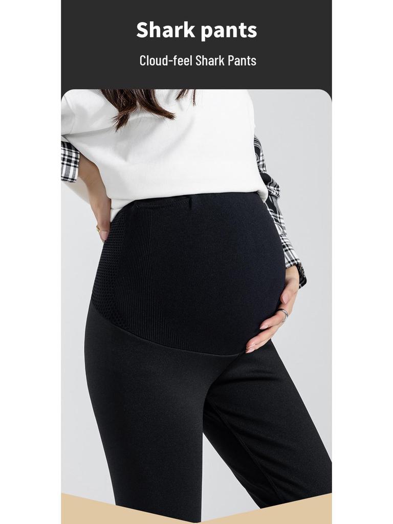 Maternity Dark Gray Fleece-Lined Yoga Shark Leggings - Non-Constricting Belly, Perfect for Autumn/Winter