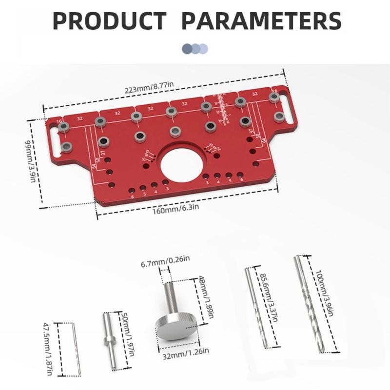 Cabinet Hole Drilling Guide with Aluminum Plate, Guide Bushings and Metal Parts for Shelf Pin Layout and Furniture Assembly Work Tasks