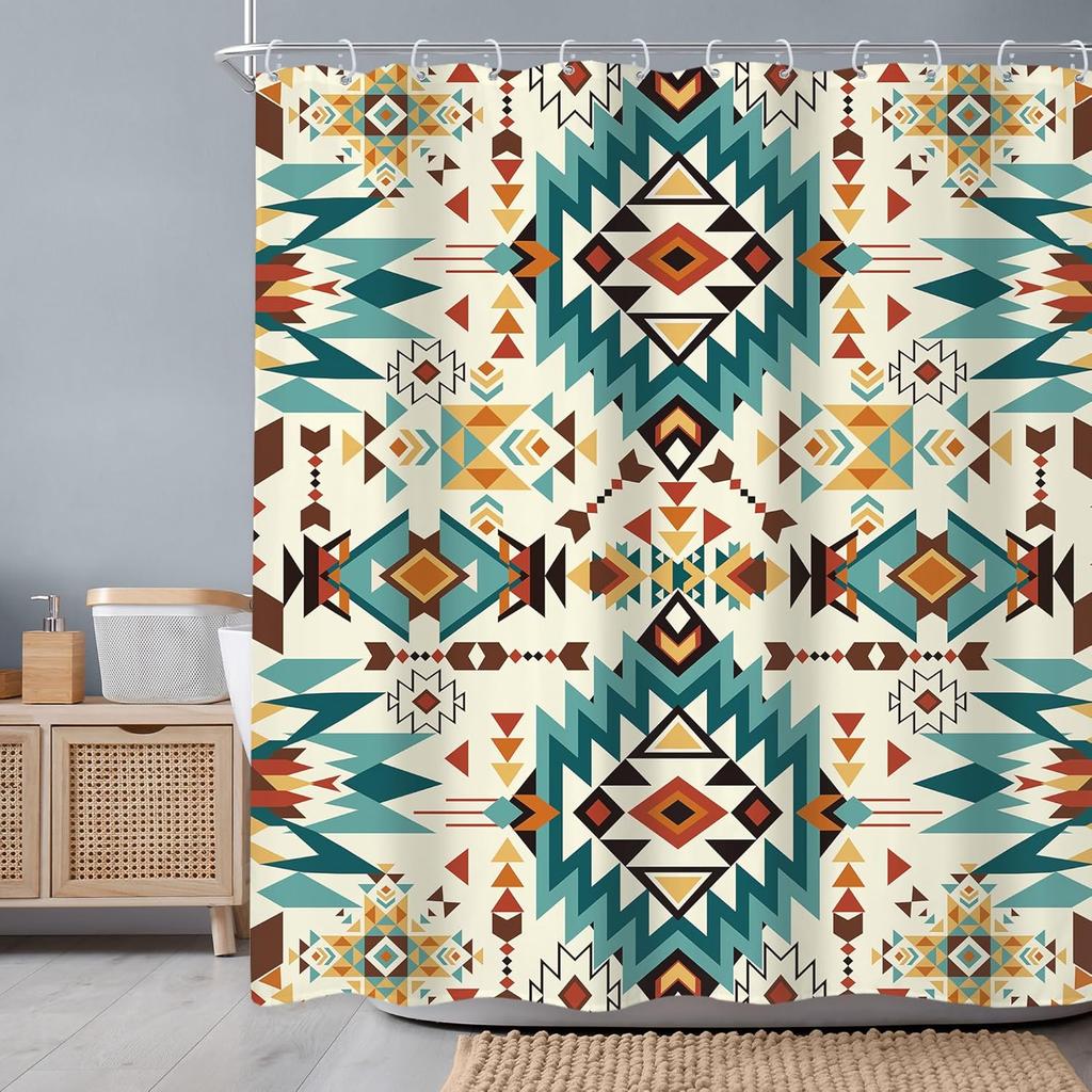 Western Aztec Shower Curtain Abstract Vintage Boho Retro Geometric Tribal Ethnic Native Bathroom Set American Southwestern
