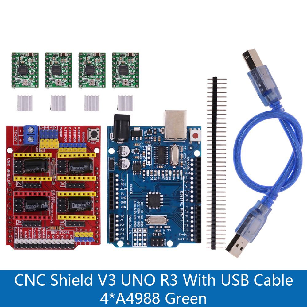 CNC Shield V3 Engraving Machine 3D Printer+ A4988 DRV8825 AT2100 Driver Expansion Board For Arduino + UNO R3 with USB Cable