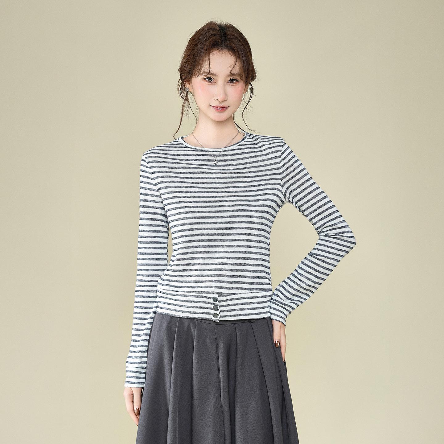 Chic Stripe Button-Up Korean-Style Slim Fit Long-Sleeve Women s Top for Autumn/Winter Large