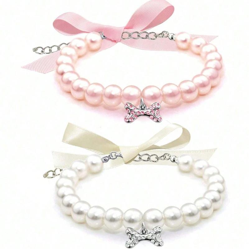 Pearl Necklace with Rhinestone Bone Decor for Dogs & Cats, Fashionable Cat Wedding Collar Jewelry Suitable for Girls, Cats, Small Dogs