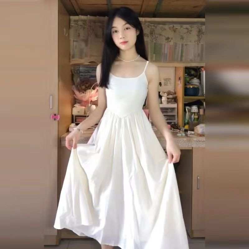 

Large size suspender skirt summer dress slightly fat MM waist and thin vacation beach dress Tibetan meat age-reducing high waist dress S белый