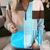 Checkered Splicing European and American New Women's Printed V-neck Semi-zipper Long-sleeved Pullover Loose Sweatshirt