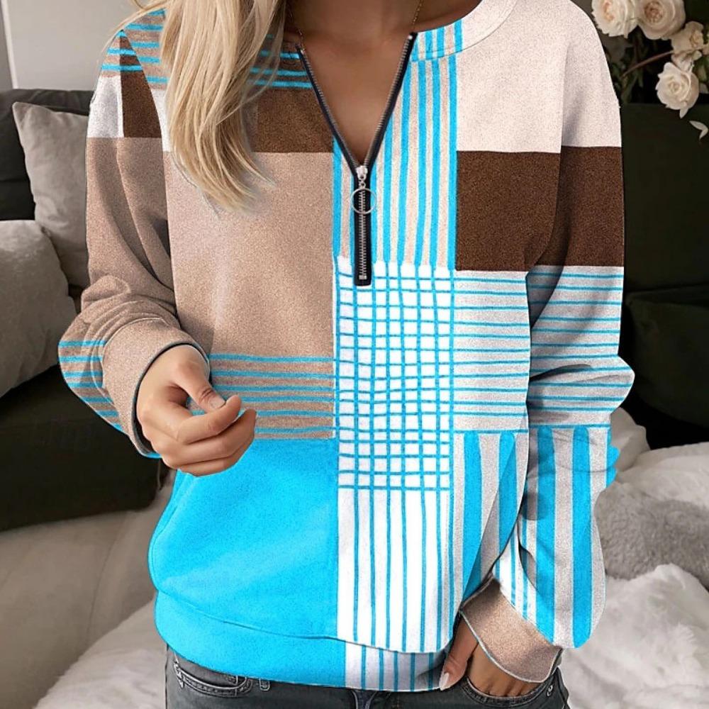 Checkered Splicing European and American New Women's Printed V-neck Semi-zipper Long-sleeved Pullover Loose Sweatshirt
