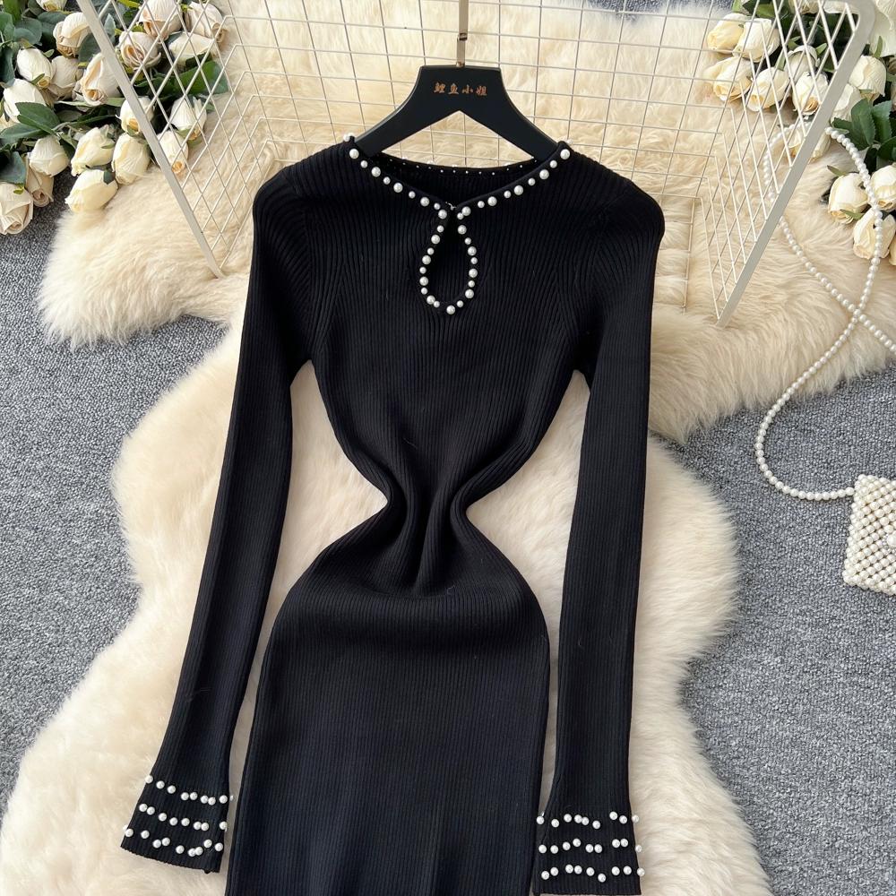 Autumn Spring Women Elegant O-neck Full Sleeve Beading Knitted Sweater Party Long Midi Pullover Dresses