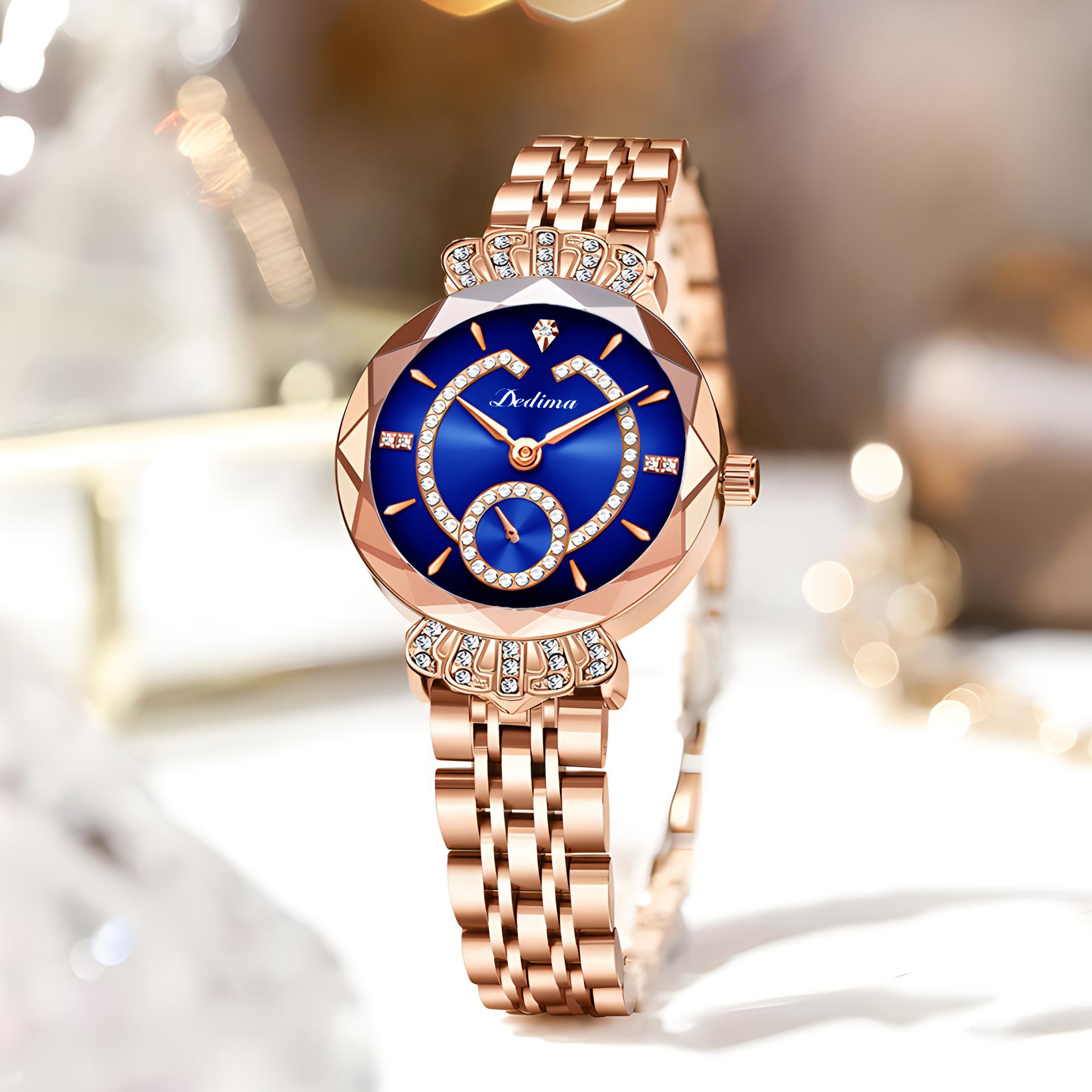 

Модные роскошные женские водонепроницаемые часы Crown Diamond из розового золота и нержавеющей стали Starmoon, женские часы с кварцевым циферблатом синий