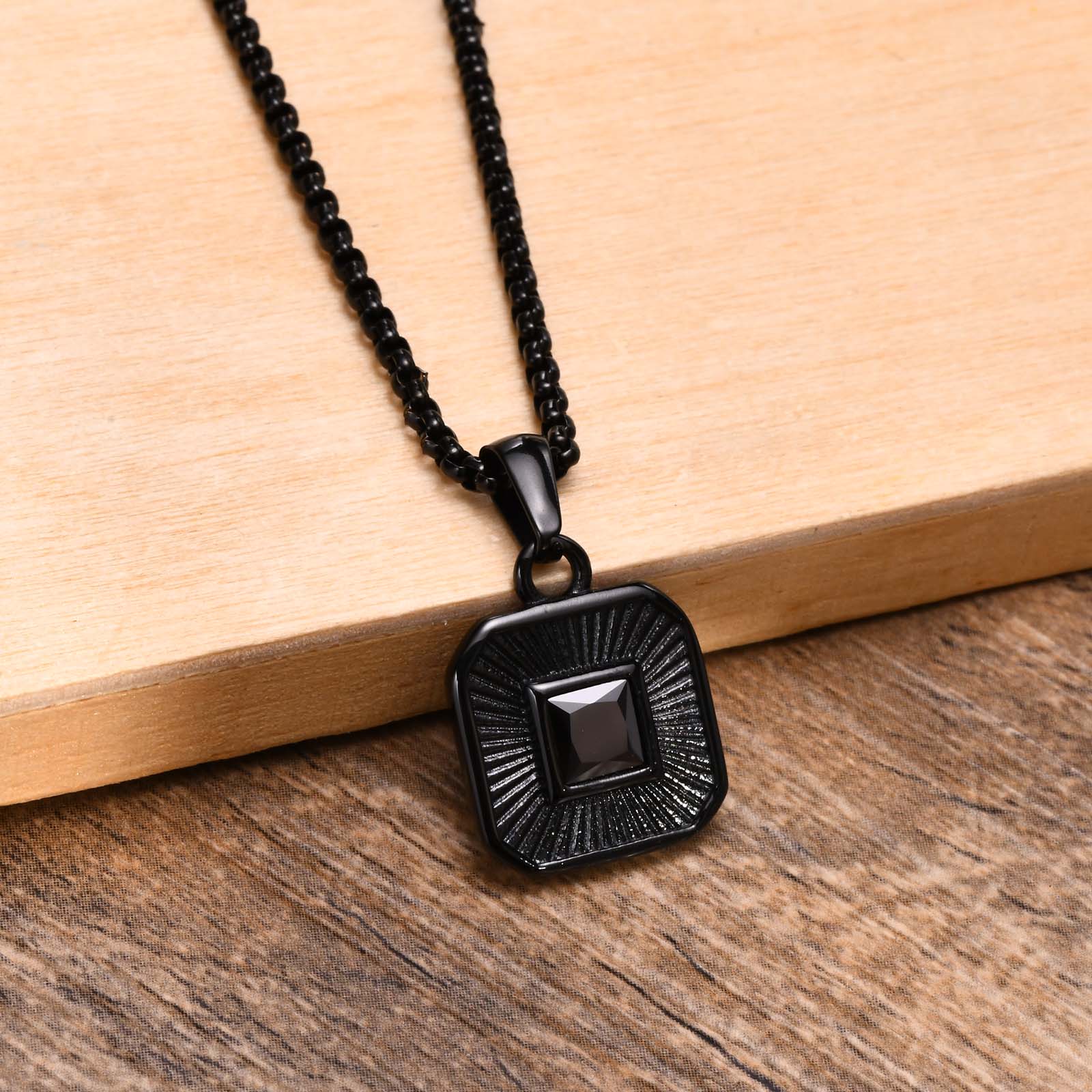 

Vnox Men Stylish Geometric Black Square Stone Necklaces Jewelry,Casual Punk Stainless Steel Polygon Pendant,with Box Chain 60cm