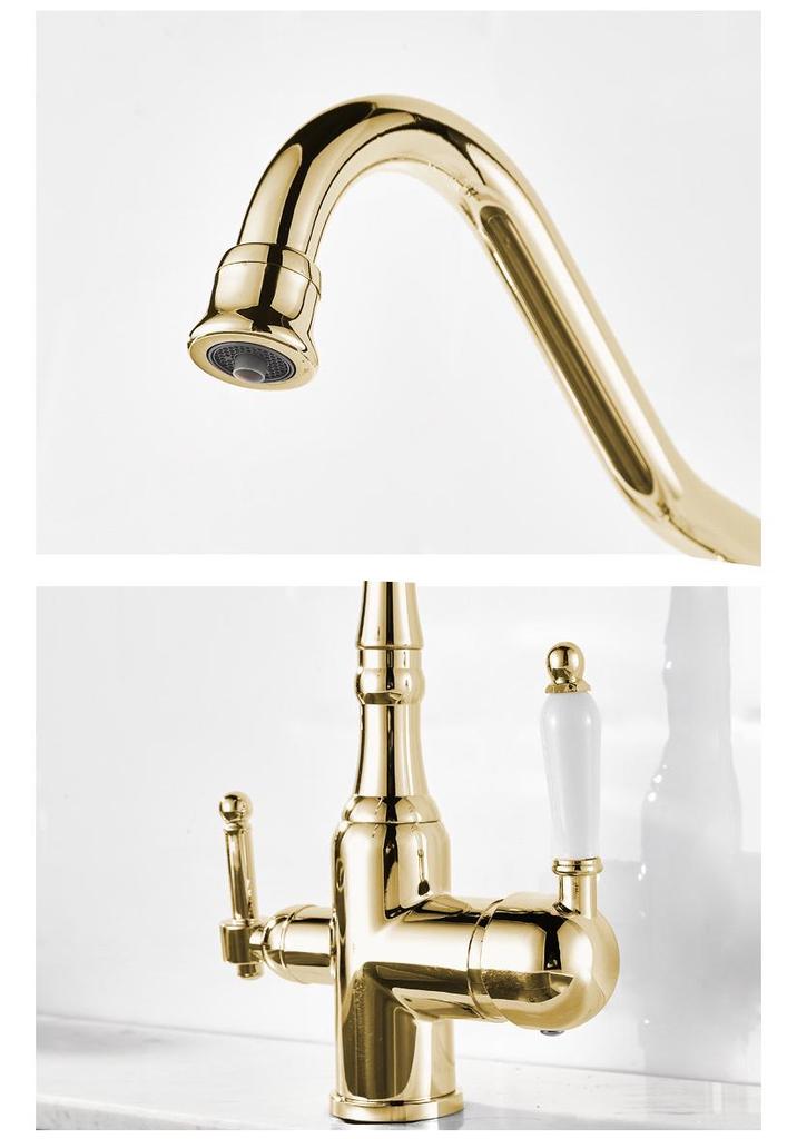Antique Gold All-Copper 3-in-1 Kitchen Faucet: Hot/Cold Water for Sink & Vegetable Wash Basin, Splash-Proof Design