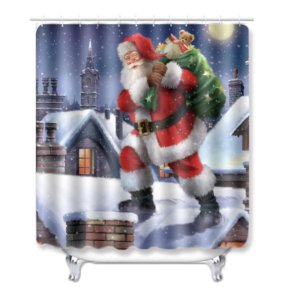 Christmas Shower Curtain Floor Mat Combination Four-Piece Set Bathroom Toilet Carpet Shower Room Mat Foot Mat