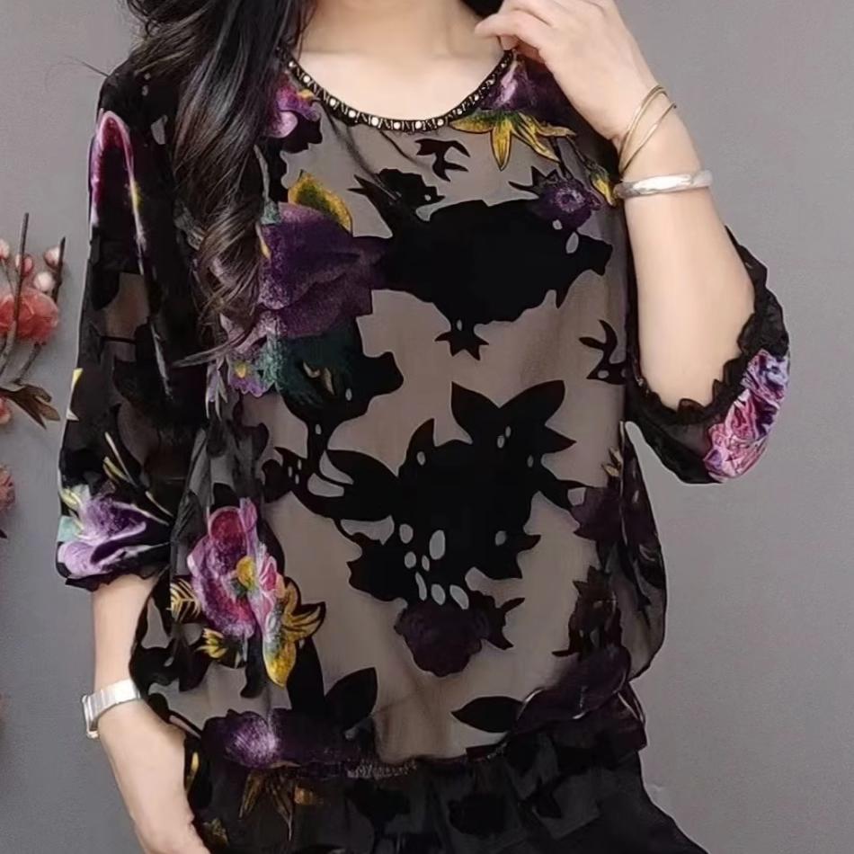 Autumn Women's Printed Velvet Blouse Loose Soft Pullover Long-sleeve Plus Size Velvet Blouse