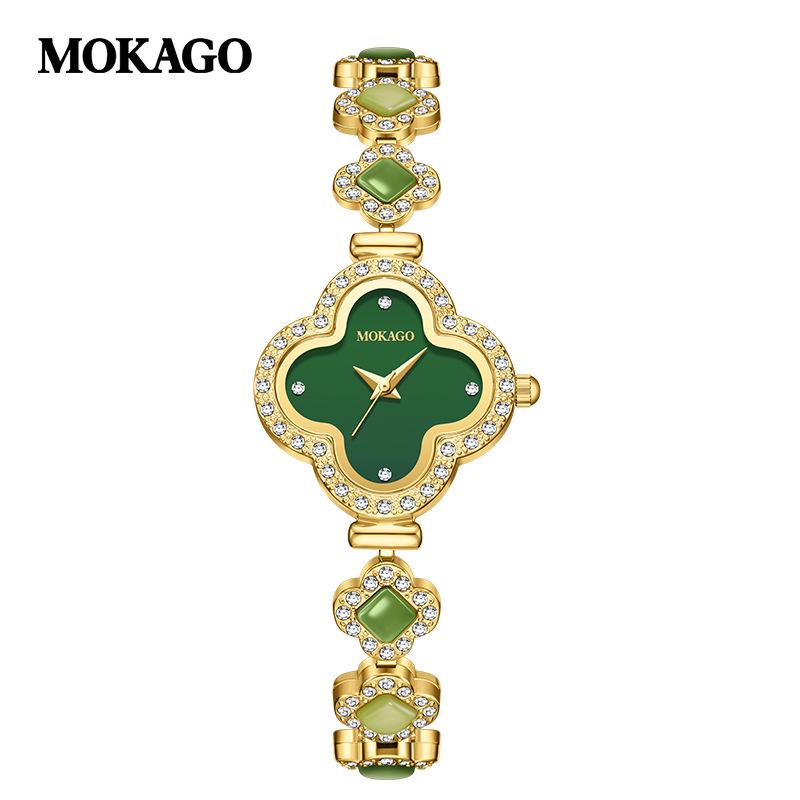 Mokaka Retro Luxury Four-Leaf Clover Bracelet Watch with Jade and Diamond for Women