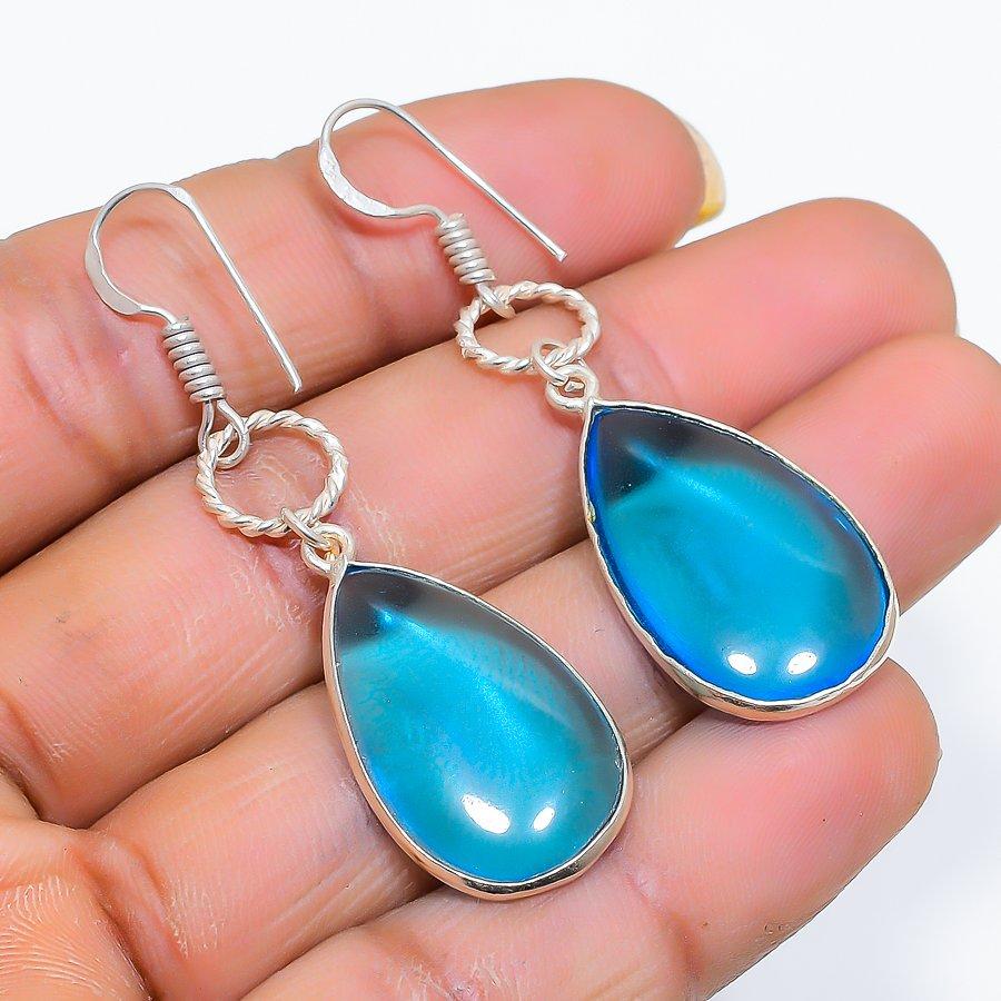 Swiss Blue Topaz Gemstone 925 Sterling Silver Jewelry Earring 2.09" GK-5176