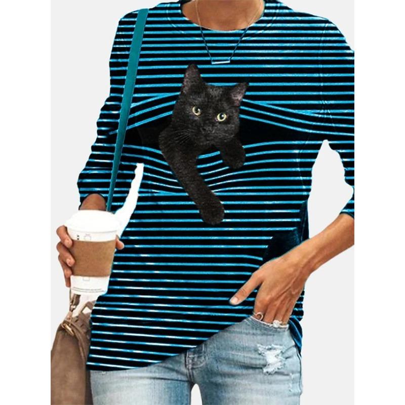 3D Cat Printed T-shirts Fashionable Casual Long Sleeved Women's T-shirts - Soft Medium Stretch Polyester Fabric Spring and Autumn Relaxed Fit Clothing