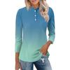 Womens Casual Loose Fit Polo Collar Top with Three Quarter Sleeves Gradient Print Pullover Henley Blouse Shirt