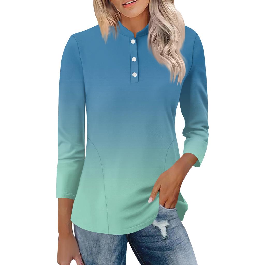 Womens Casual Loose Fit Polo Collar Top with Three Quarter Sleeves Gradient Print Pullover Henley Blouse Shirt