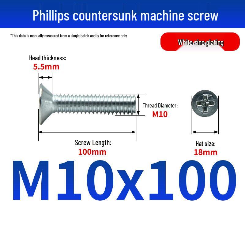 White Zinc Plated Cross Recessed Countersunk Head Screws & Bolts, Machine Thread, M3-M12