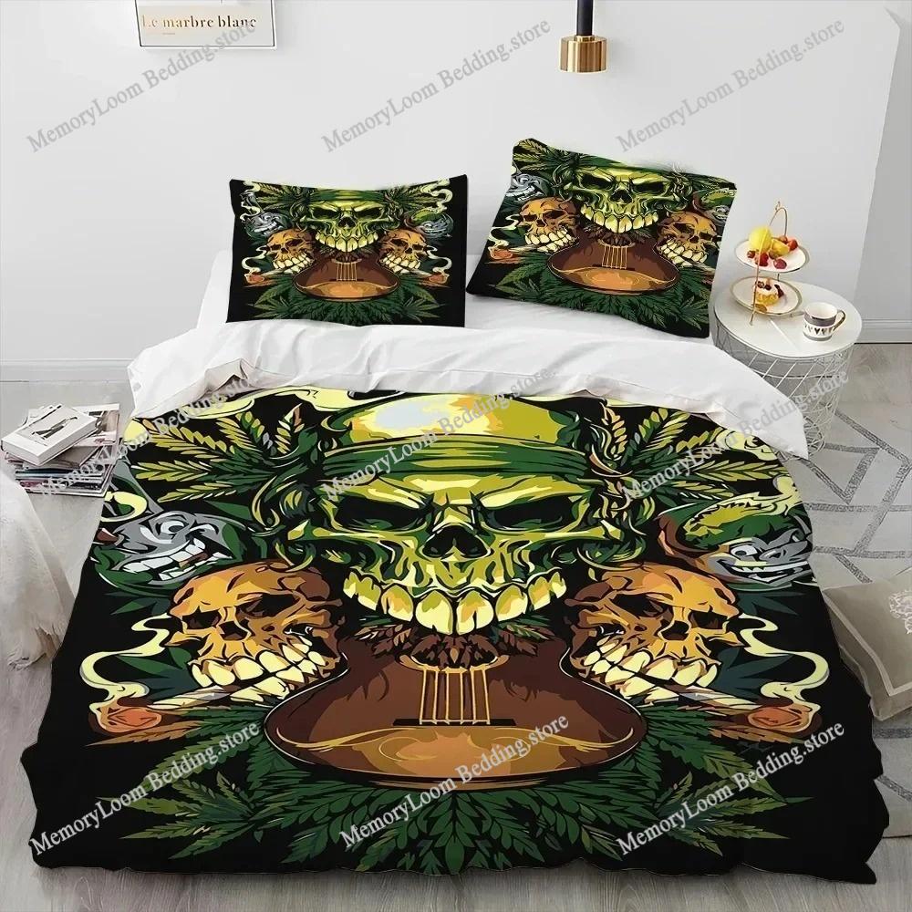 Artwork Unique Maple Weed Plant Green Death Skull Smoke Bedding Set Queen/King Size Duvet Cover Comforter Soft Cozy Home Textile