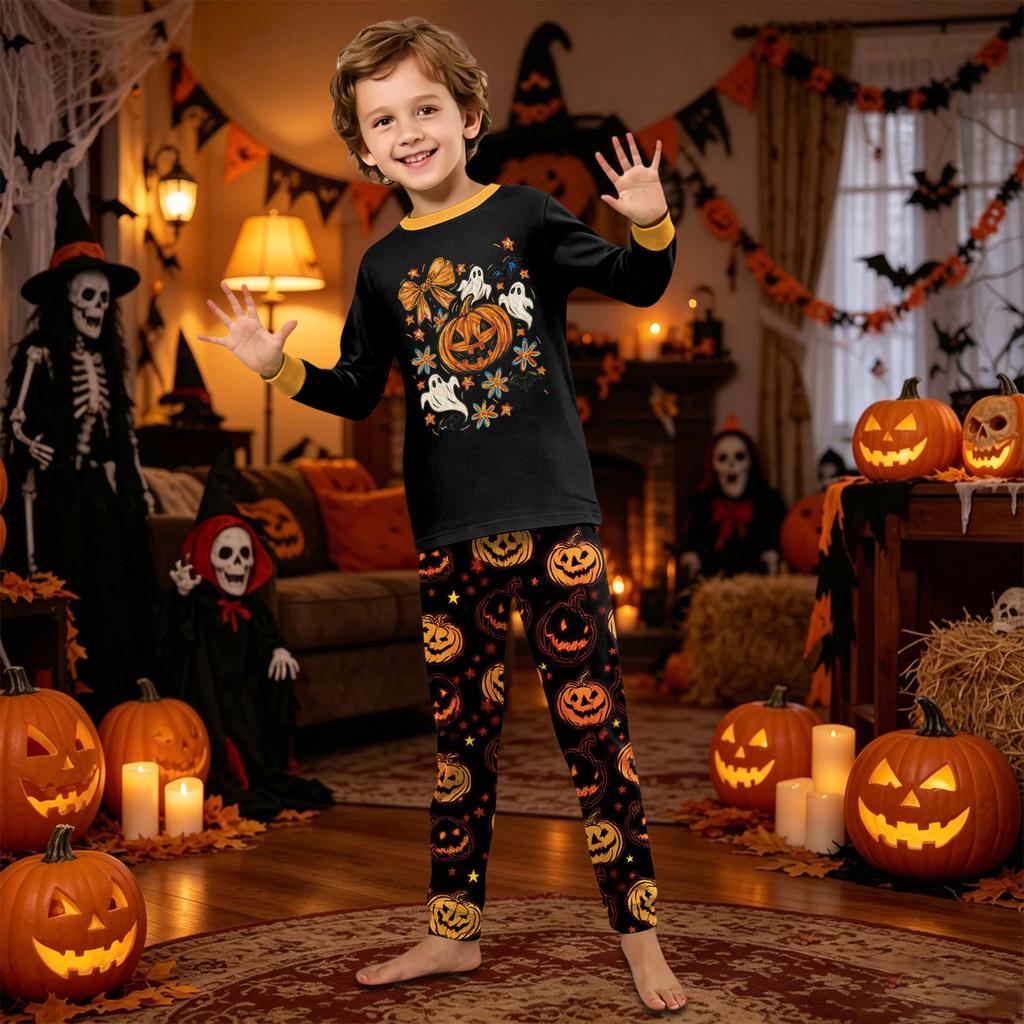 Halloween Familien Pyjama Set Langarm Oberteil und Hose Passendes Nachtwäsche Weich Bequem Loungewear für Erwachsene und Kinder