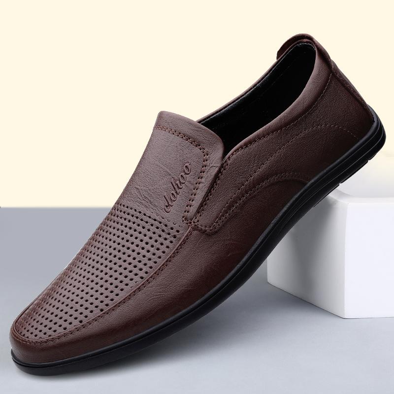 Men's Leather Casual Shoes Breathable Hollow Slip on Lazy Driving Shoes Office Fashion Shoes