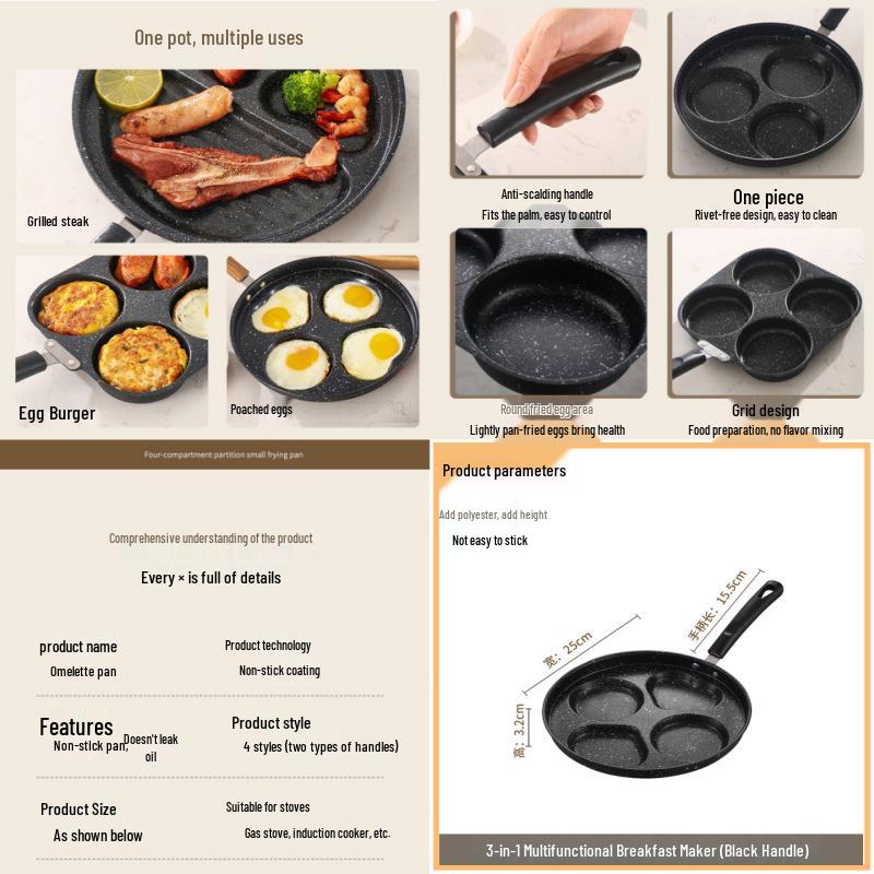 Wow Oh Non-Stick Maifan Stone Frying Pan with Four Sections for Eggs and Burgers