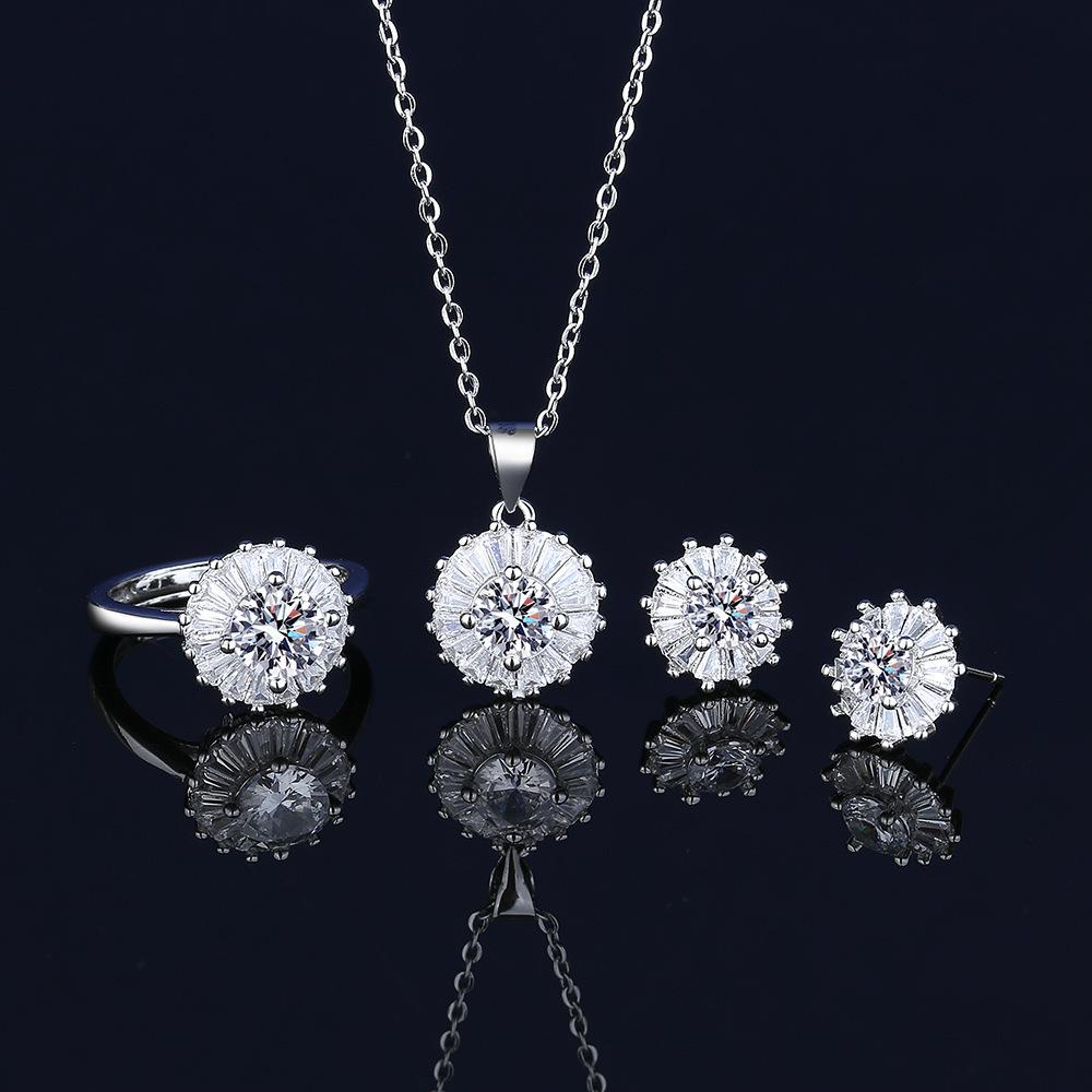Moissanite Diamond Clavicle Chain Sun Flower Necklace Pendant Ring Stud Earrings Female Ring Size:Adjustable