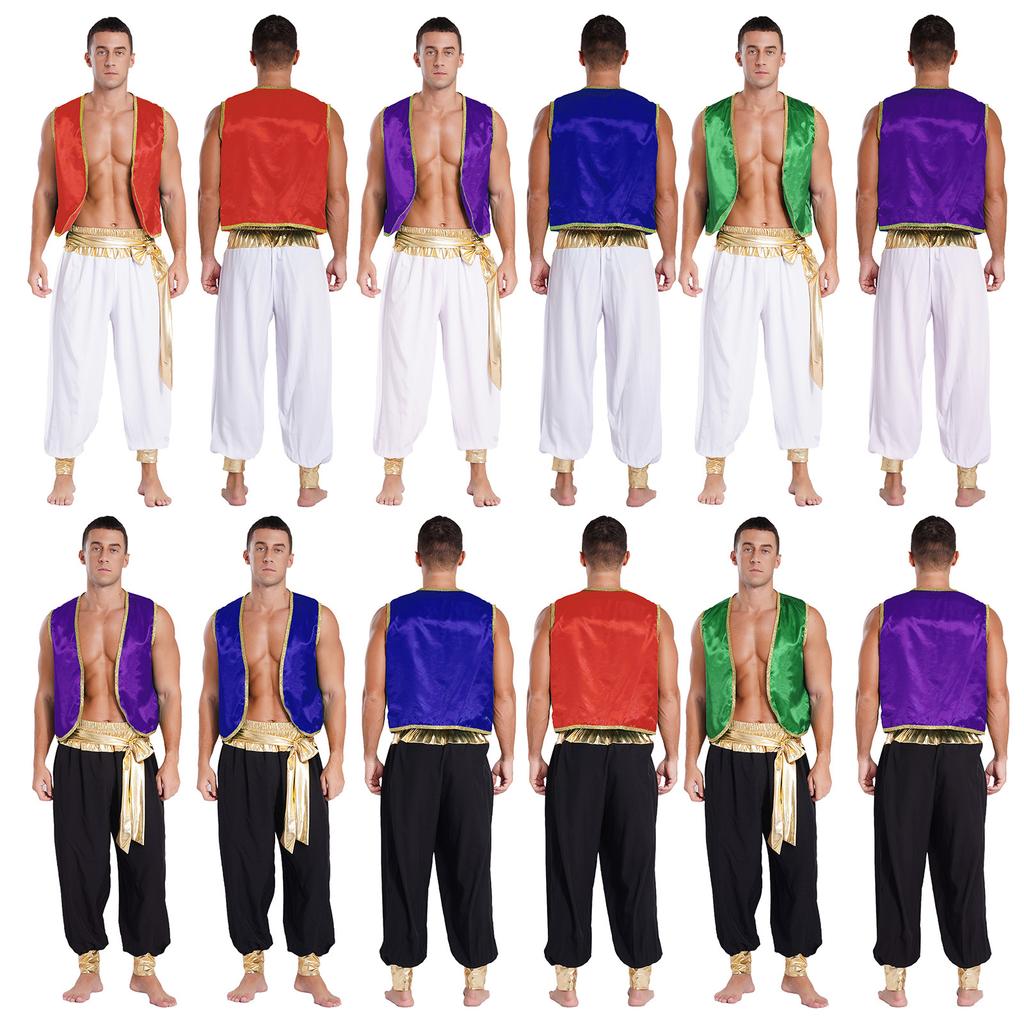 Men's Arabian Prince Cosplay Halloween Costume Sleeveless Vest with Long Pants Outfit
