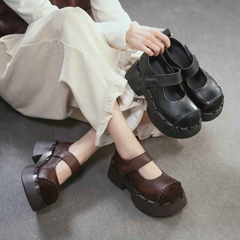 Johnature Genuine Leather Thick Soled High Heels Pumps Fashion Round Toe Women's Platform Shoes