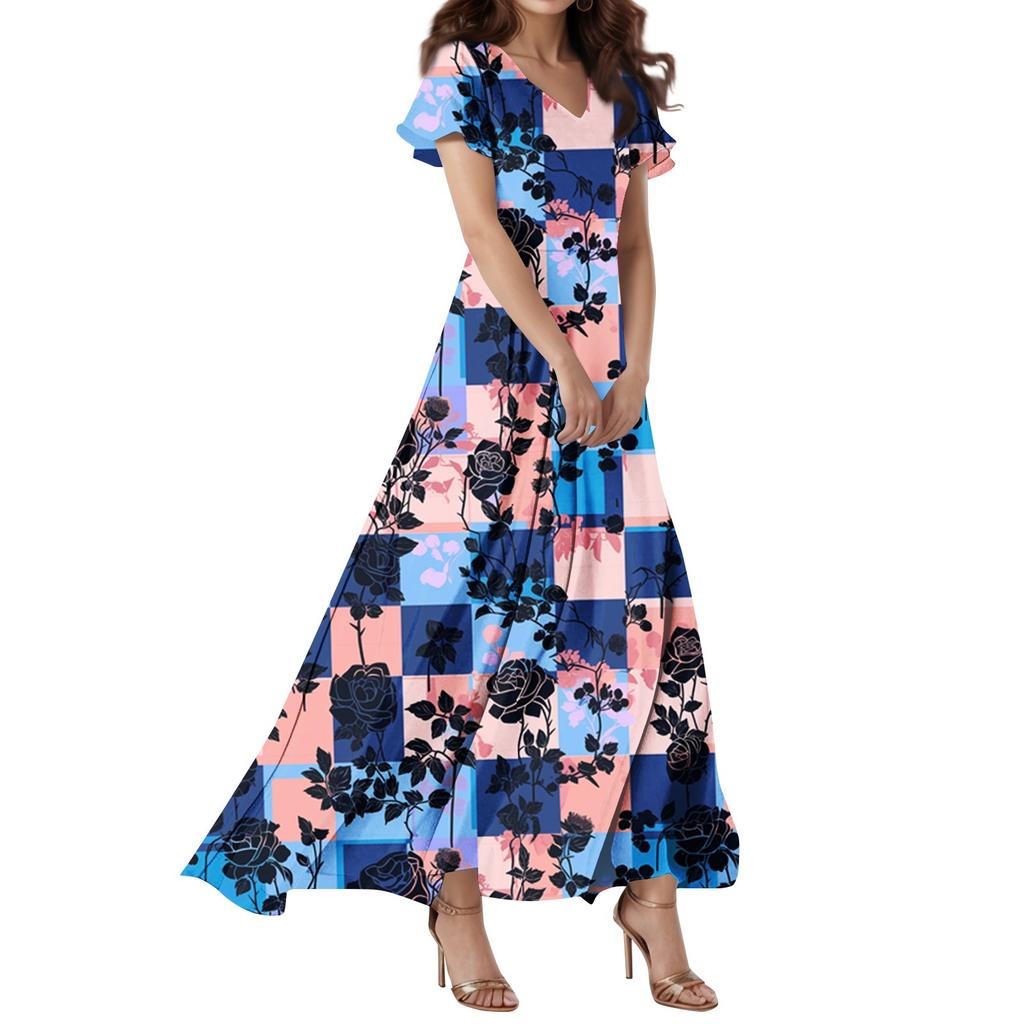 Lässiges Damenkleid mit V-Ausschnitt, kurzen Ärmeln und hoher Taille, Retro-Blumenblatt-Print