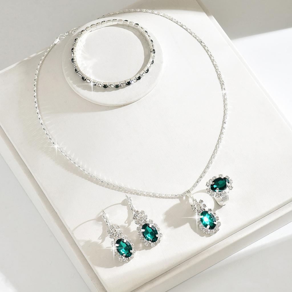 Shiny Diamond Drop Emerald Necklace Earrings Bracelet Ring Four-piece Set
