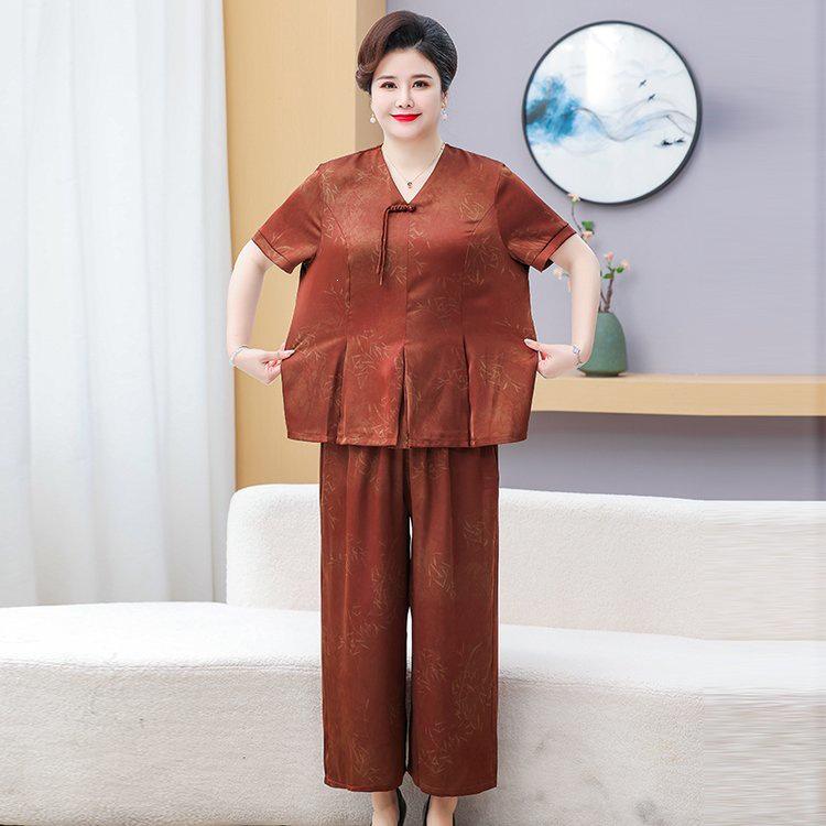 Summer Chinese Style Two-Piece T-Shirt Set for Middle-Aged Women - Plus Size, Loose Fit, Short Sleeve
