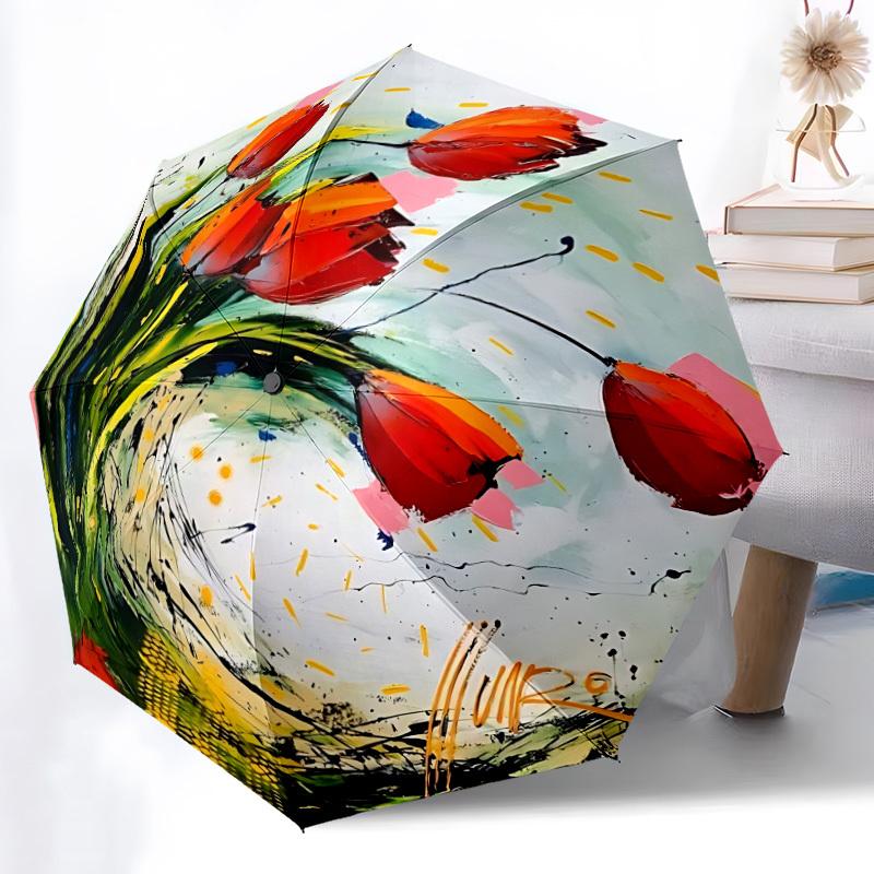 1pc Floral Abstract Automatic Folding Umbrella, Sturdy And Durable Automatic Folding Umbrella with 8 Ribs, Convenient for Outdoor Use194