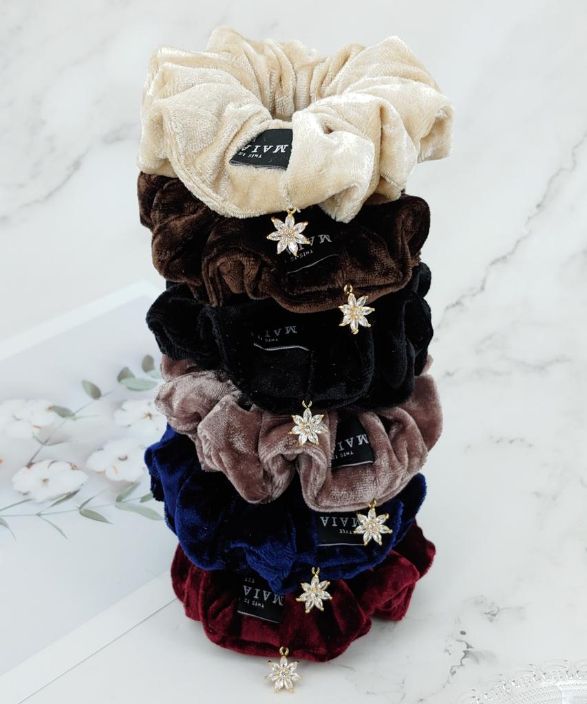 Maia Velvet Crystal Scrunchie - Navy