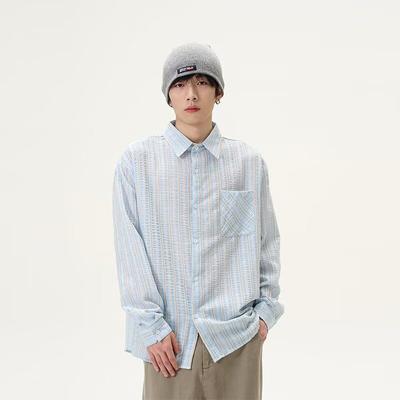 Camisa listrada de manga comprida 2024 estilo japonês Hong Kong Ins camisa solta meninos verão moderno versátil casaco casual