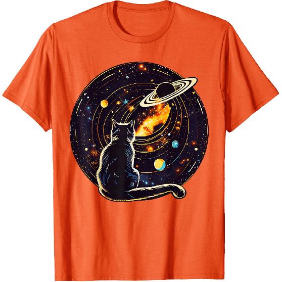 Cat Dad, Lover T-Shirt: Cat Staring at Planet Saturn