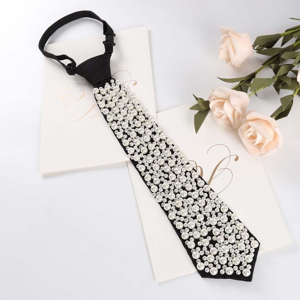 Koreanischer Stil Volle Perlen Krawatte Schwarzer Choker Handbestickt Lange Krawatte Akademischer Stil Geometrische Dekoration Hemdkrawatte Täglich
