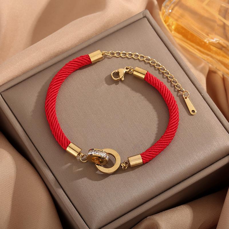 Stainless Steel Bracelets Roman Number Interlock Circle Braided Lucky Red Rope Fashion Charm Bracelet For Women Zircon Gifts