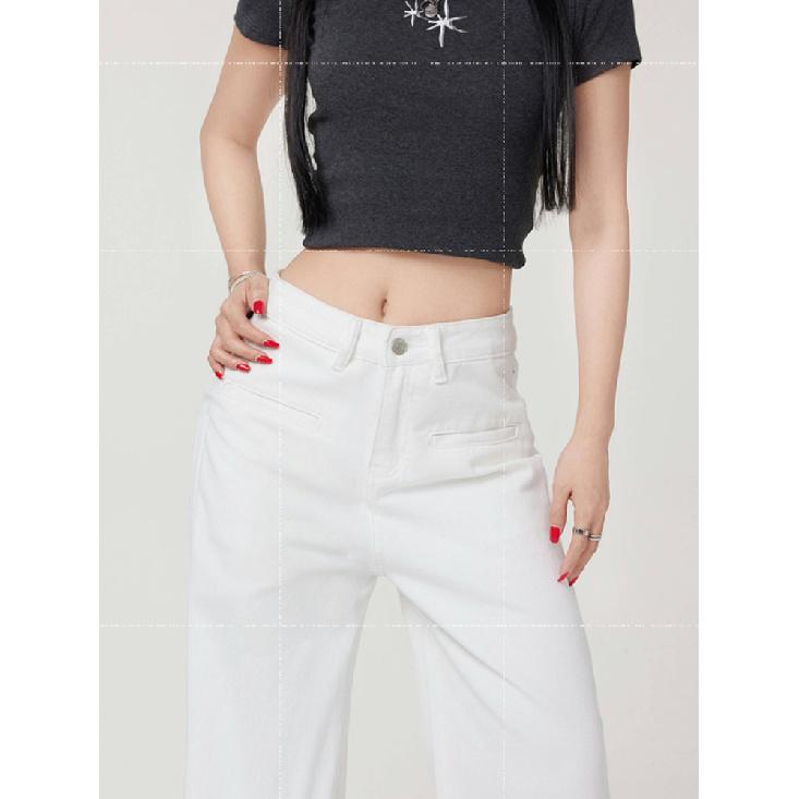 Jeans de Pierna Recta de Cintura Alta para Mujer Pantalones Vaqueros Elásticos de Corte Holgado para Dama Pantalones Blancos Femeninos