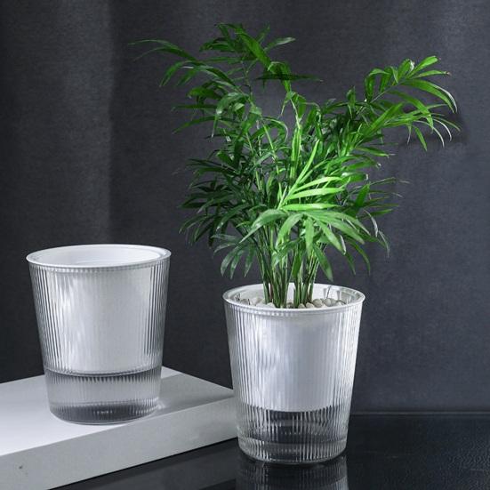 Vaso de Flores Autoirrigável Plástico Listrado com Cordas de Pavio Reservatório de Água Vaso para Plantas de Interior para Mesa Escritório Decoração de Casa