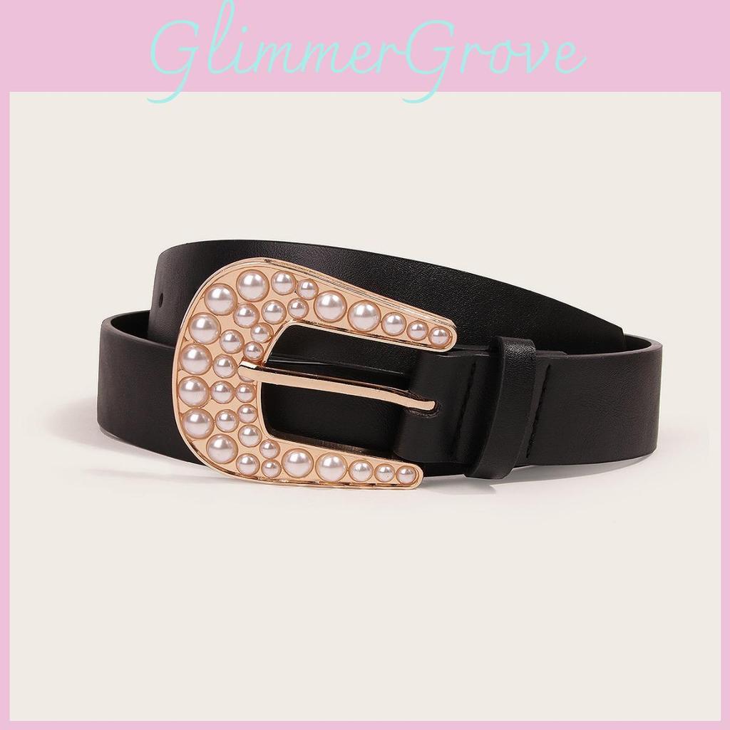 Classic Fashion Casual Leather Belt For Women With Pearl Decor For Spring