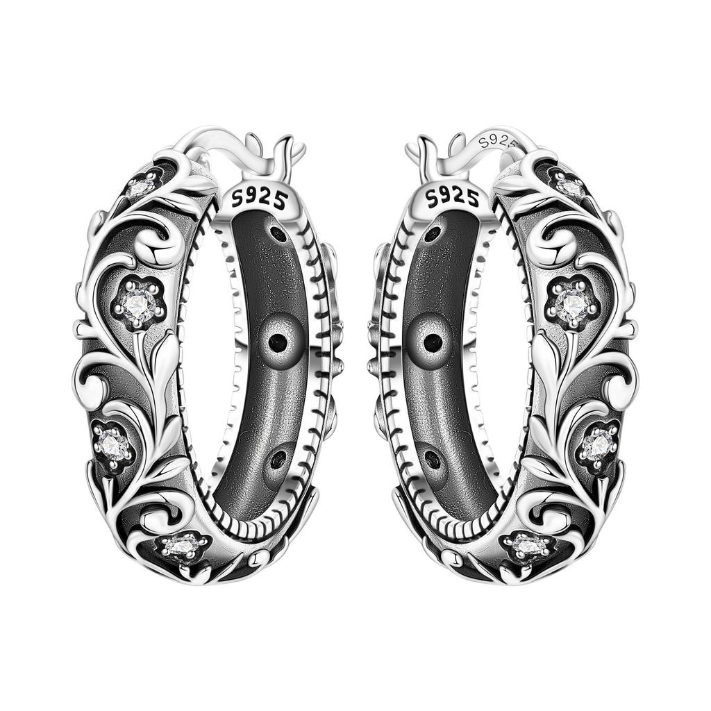 Original NEW S925 Silver Pink Purple Flowers Plants leaf Series Earring Hoop Earrings Women Jewelry Party Gifts