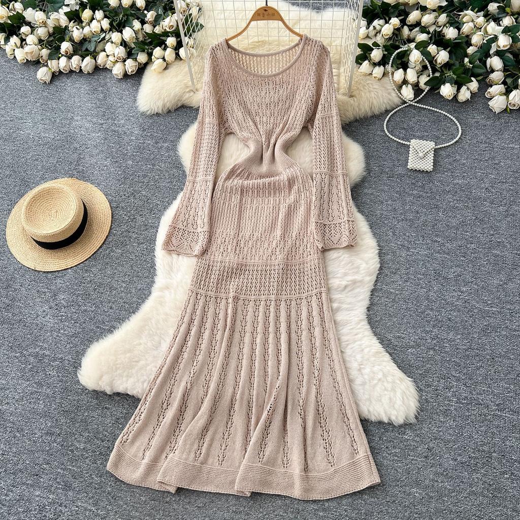 Lazy wind casual high-end sense hollow crochet knitted dress women's inner suspender bottom skirt two-piece set