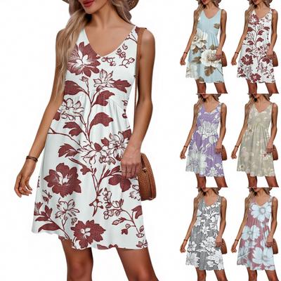 Women's Summer V-neck Casual Beach Vacation Style Retro Floral Print Sleeveless Patchwork Dress