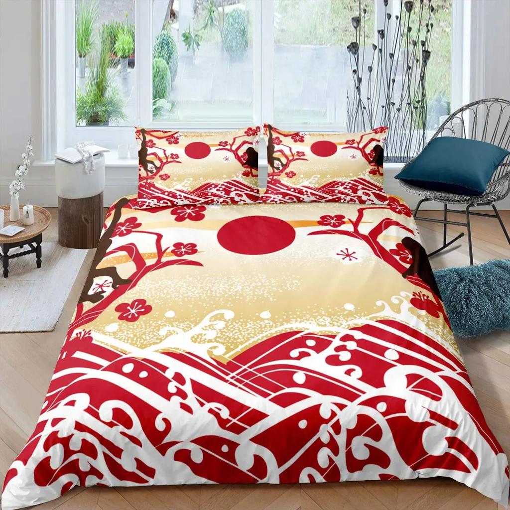 Japanese Ukiyo-E King Queen Duvet Cover Golden Fish Hokusai Bedding Set Crane Wave Quilt Cover Red Sun Polyester Comforter Cover