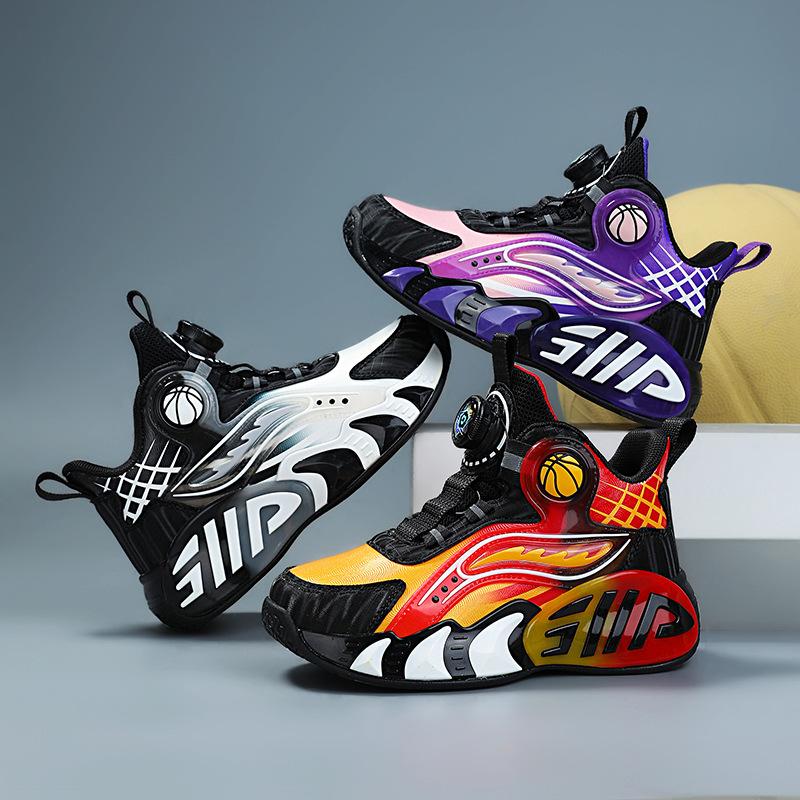 Children's Basketball Shoes Boys Autumn and Winter New Velvet Outdoor Large Cotton Shoes Leather Surface Waterproof Girls Button Sports Shoes