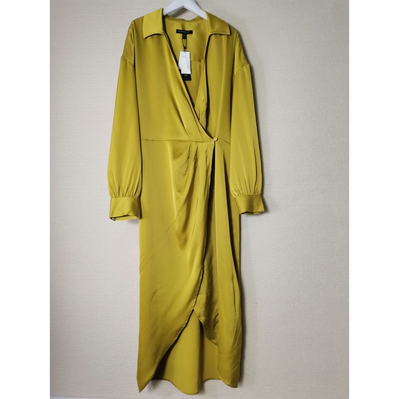 

and American Original Imitation Acetate Fabric Long sleeve dress Asymmetric Temperament Professional Light Luxury French style Long dress Spring Ginger yellow 10